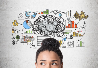 Head of African American woman, brain with gears