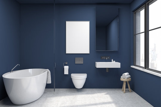 Front view of bathroom with a tub, blue