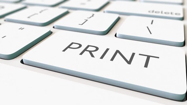 Macro dolly shot of white computer keyboard and print key, shallow focus. Conceptual 4K clip