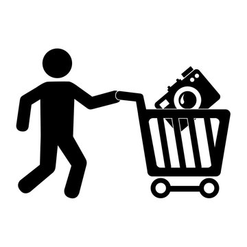 pictogram man with shopping cart and camera vector illustration