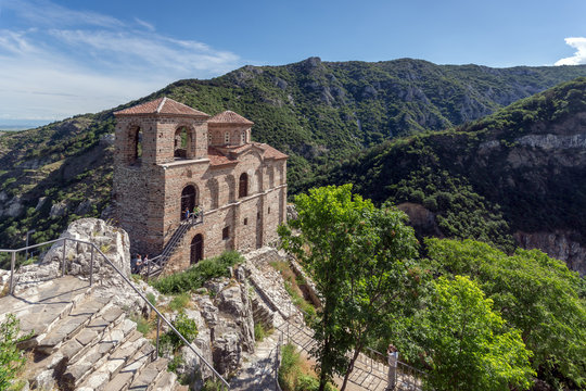 Panorama of Church of the Holy Mother of God in Asen's Fortress and Rhodopes mountain, Asenovgrad, Plovdiv Region, Bulgaria