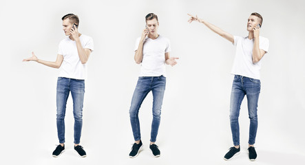 Fototapeta premium Full length portrait of handsome young business man in different poses isolated on white background, using mobile phone, wearing jeans and t-shirt