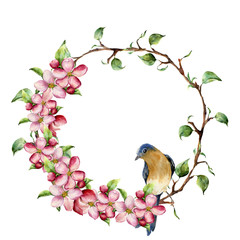 Watercolor wreath with tree branches, apple blossom and bird. Hand painted floral illustration isolated on white background. Spring elements for design.