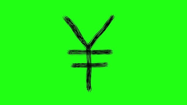 Handmade Japanese Yen symbol icon doodle animation. Green screen chroma key background to easily match your project. 