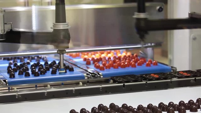Picker line for chocolate bears, cookies, candies. Close up working process of transporter equipment