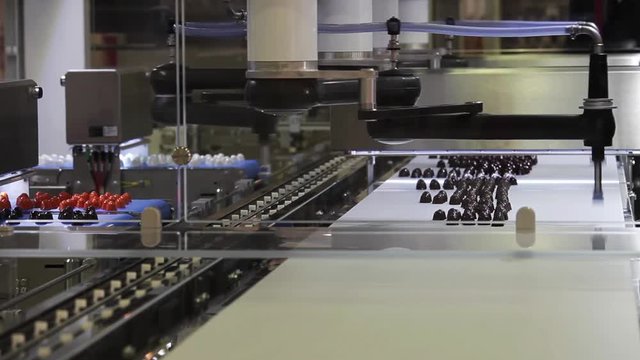 Picker line for chocolate bears, cookies, candies. Close up working process of transporter equipment