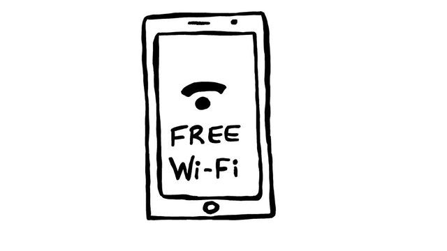 Handmade FREE Wi-Fi on smartphone screen doodle animation. Pure white background.
