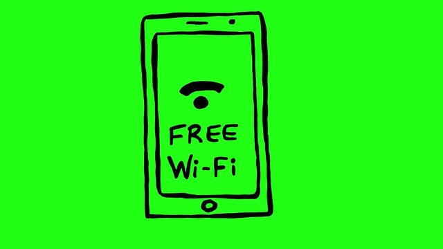 Handmade FREE Wi-Fi message on smartphone screen doodle animation. Green screen chroma key background to easily match your project. 