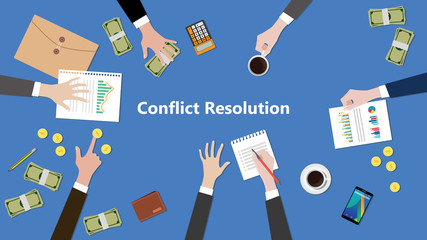 illustration of discussion about conflict resolution in a team work with paperworks on top of table
