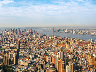 Helicopter flight  on Manhattan Skyline in New York City of America