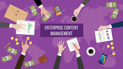 discussion about enterprise content management on a meeting table illustration with paperworks, money and document folder on top of table