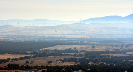 Early morning View from One Tree Hill Lookout (Ararat, VIC Australia). Broad panorama of the countryside in Western District of Victoria.