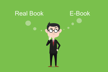 Comparing the benefits of real book vs ebook illustration with white bubble text
