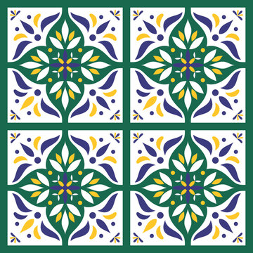 Italian tiles pattern vector with blue, green, yellow and white ornaments. Portuguese azulejo, mexican, spanish or moroccan motifs. Background for wallpaper, surface texture, wrapping or fabric.