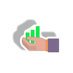 bar graph and hand Vector illustration in paper sticker style of column chart in hand
