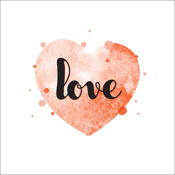 Watercolor red heart with inscription Love in hand-writing style