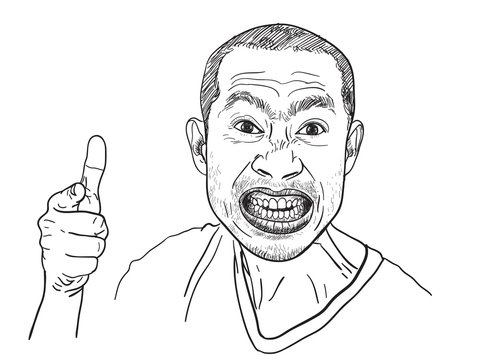 Asian man pointing finger with angry face on white background