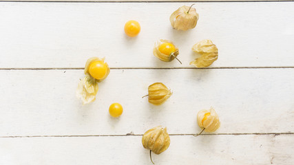 Cape gooseberry on wooden table