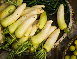 White Radish on a bamboo basket photo taken in Bogor Indonesia