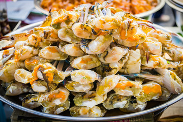 steamed Crab in a tray . street food at Bangkok chinatown market