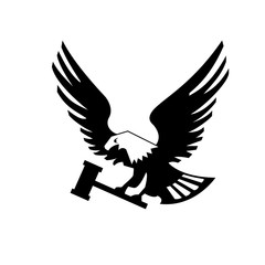 Eagle bird with hammer isolated on white backgroundicon. heraldic emblem of powerful wild falcon with stretching clutches. Symbol of eagle hawk predator for sport team mascot shield, company badge