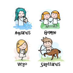 Zodiac Cartoon Set (Series 2), a set of Aquarius, Gemini, Virgo, and Sagittarius Astrological Illustration