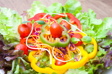 Fresh salad in white plate on wooden background