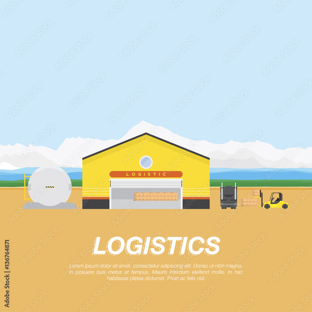 Poster flat vector concept on logistics. storage and loading of goods in the warehouse.