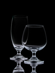 Clear crystal wine glasses,closeup shot on black isolated.