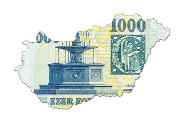 1000 hungarian forint bank note in shape of hungary