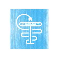 PHARMACY, cross drawn with thin lines. Snake with a cup