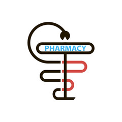 PHARMACY, cross drawn with thin lines. Snake with a cup