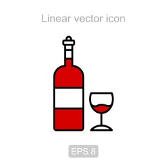 Wine bottle and wine glass. Linear vector icon.