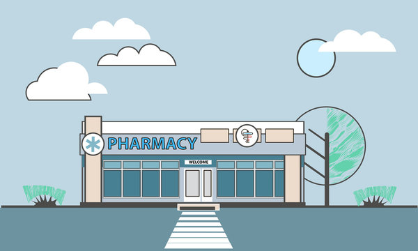 Pharmacy building, trees, shrubs, sky and clouds in a flat style and muted colors