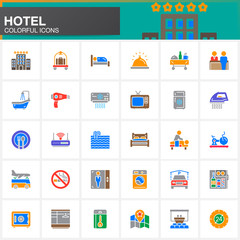 Hotel services and facilities vector icons set, modern solid symbol collection, filled colorful pictogram pack. Signs, logo illustration. Set includes icons as hotel, bed, reception, safe, pool, key