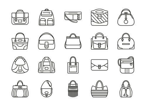 Set of contour line icon. Different women bags. Vector illustration