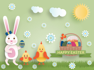 Cute Easter background in paper art style. Vector illustration.