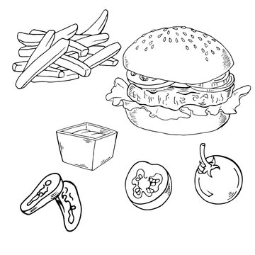 Set of burger, french fries, bowl of sauce and spices isolated on white background. Cartoon ink sketch. Hand drawn vector illustration.