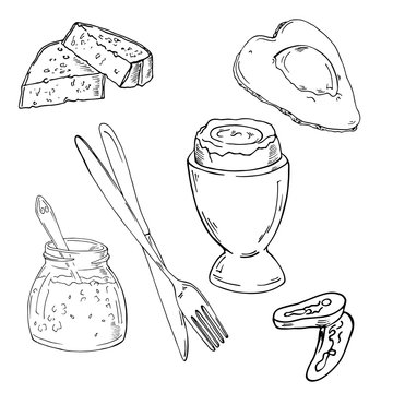 Set of boiled egg, fried egg, bread, salsa jar, fork and knife and chili slices on white background. Doodle breakfast sketch. Hand drawn vector illustration.