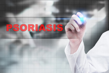 Medical doctor drawing psoriasis on virtual screen.