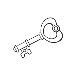 Vector illustration. Hand drawn doodle of key in heart shape. Cartoon sketch. Decoration for greeting cards, posters, emblems