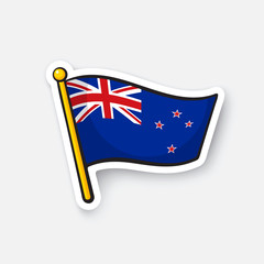 Vector illustration. Flag of New Zealand on flagstaff. Location symbol for travelers. Cartoon sticker with contour. Decoration for greeting cards, posters, patches, prints for clothes, emblems