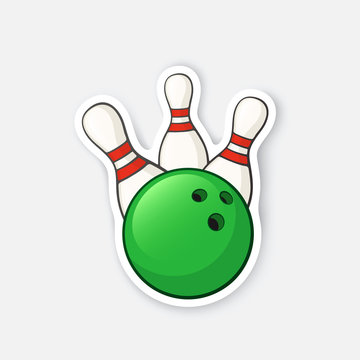 Vector illustration. Green bowling ball knocks down pins. Sports equipment. Cartoon sticker in comics style with contour. Decoration for greeting cards, posters, patches, prints for clothes, emblems