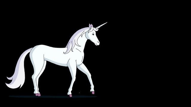 White Fairy Tale Unicorn Walks. Animated footage with alpha channel.