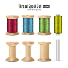 Thread Spool Set. Bright Plastic And Wooden Bobbin. Isolated On White Background For Needlework And Needlecraft. Stock Vector Illustration