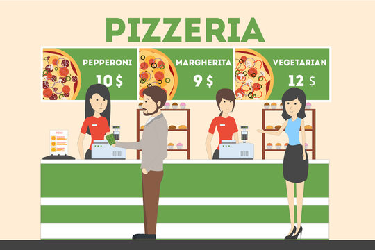 Pizzeria. People on cashier make order and pay for pizza.