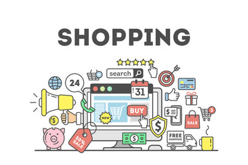 Shopping concept illustration with many colorful icons as target, price tag, piggy bank and more. Idea of discount, sale and commerce. White background.