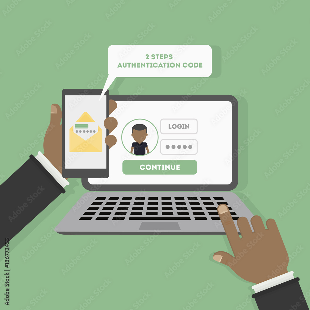 Poster two steps authentication on computer. login and password. verification with sms on smartphone. afric