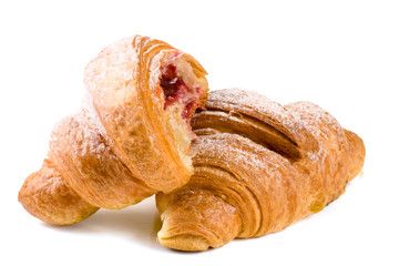 croissant and half with cherry jam  powdered sugar isolated on  white background closeup