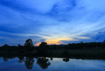 Fototapeta na wymiar sunset colorful and silhouette woodland twilight in nature